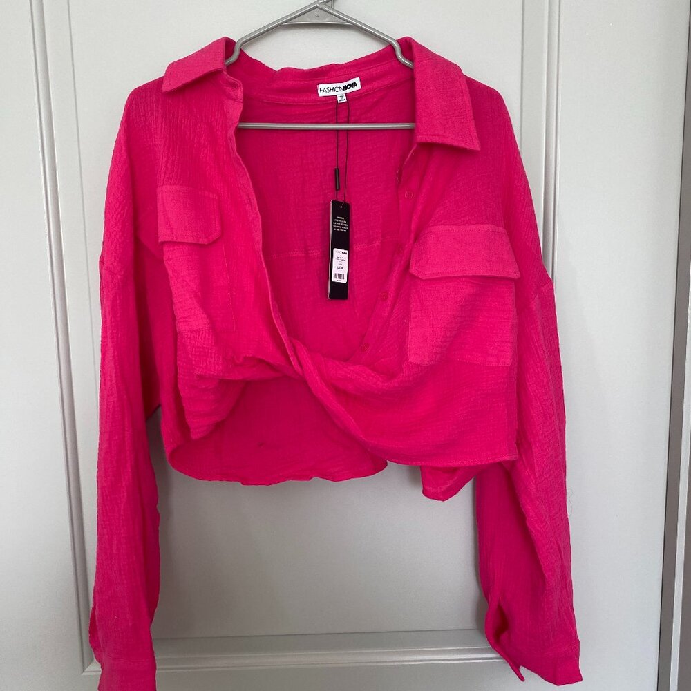 Deja Twist Front Cropped Gauze Shirt - Hot Pink ( Fashion Nova)